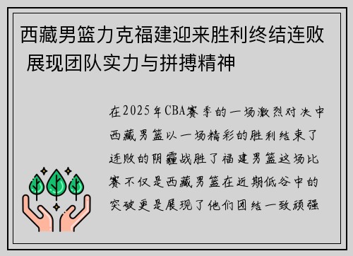 西藏男篮力克福建迎来胜利终结连败 展现团队实力与拼搏精神
